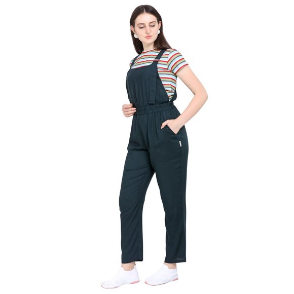 Women Solid Dungaree With Strip Printed Crop Top - Picture 3 of 4